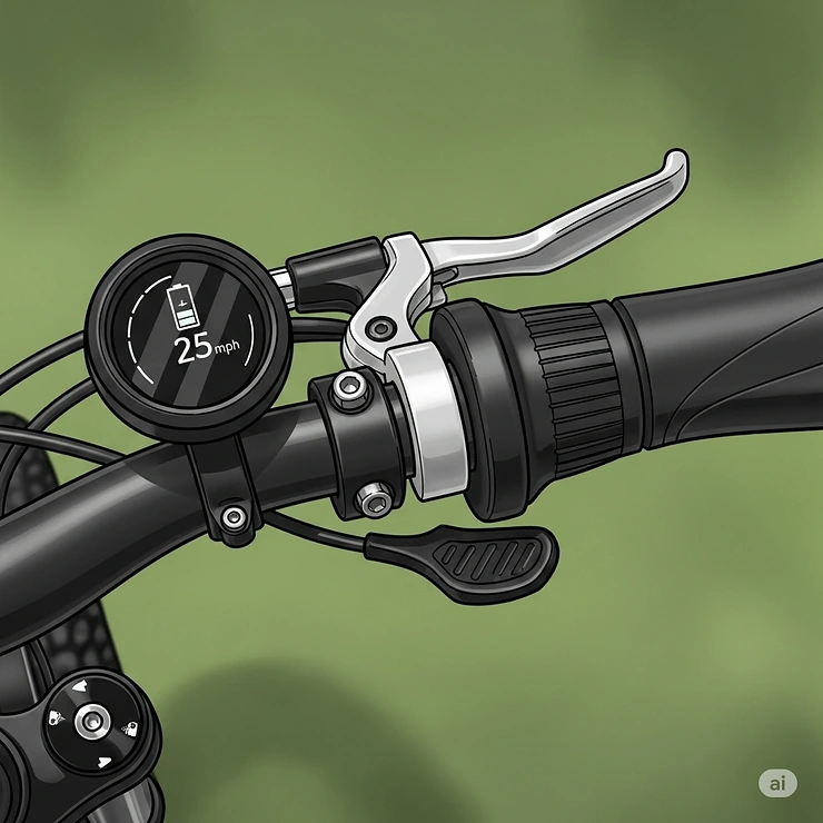 Close-up illustration of an electric bike's handlebars, clearly showing the ergonomic placement of the throttle alongside the brake lever.