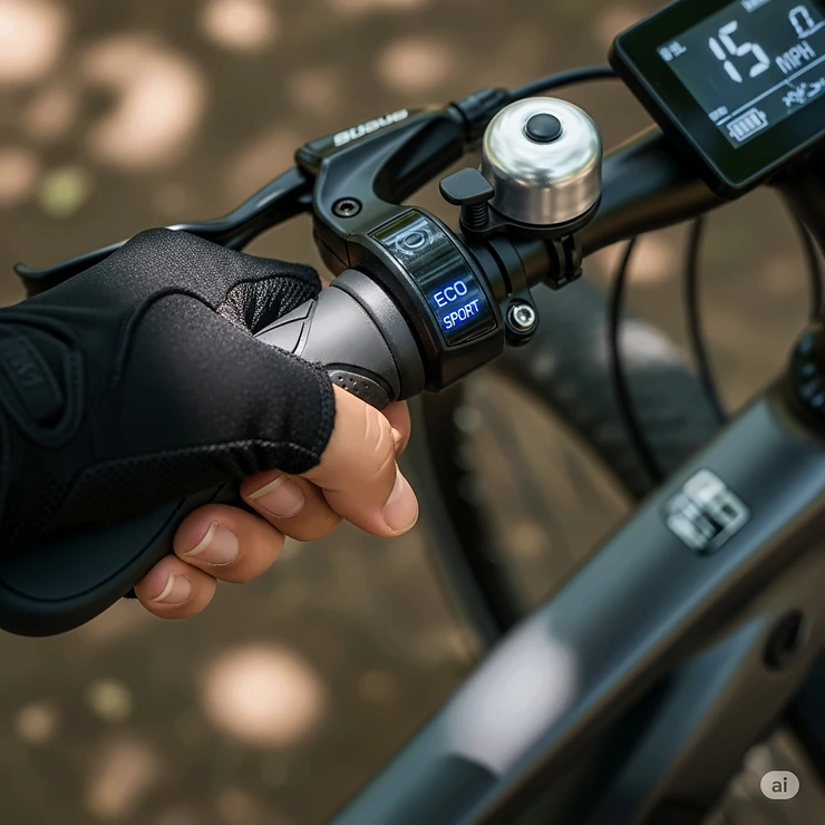 Close-up of a hand gripping the throttle on an electric bike handlebar, highlighting ease of acceleration.