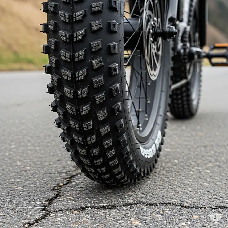 A close-up view of a robust electric bike tire with a deep tread pattern on an asphalt road, highlighting its durability and grip for various terrains.