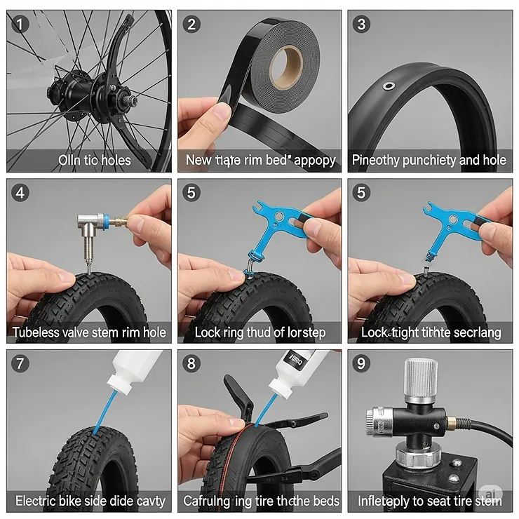 Step-by-step diagram demonstrating how to set up an electric bike tire as tubeless, including sealant, valve, and rim tape installation.