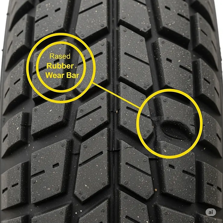 Close-up illustration highlighting common electric bike tire wear indicators like tread wear bars or subtle depressions, signaling when it's time for replacement.