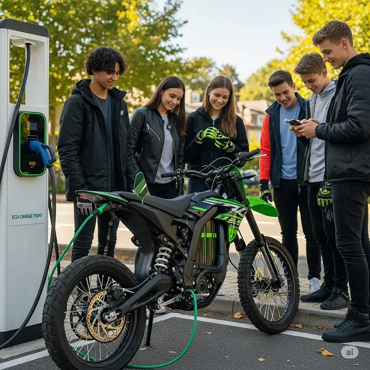 An electric dirt bike plugged into a charging station, illustrating the convenience and eco-friendly nature of recharging these bikes for teens.