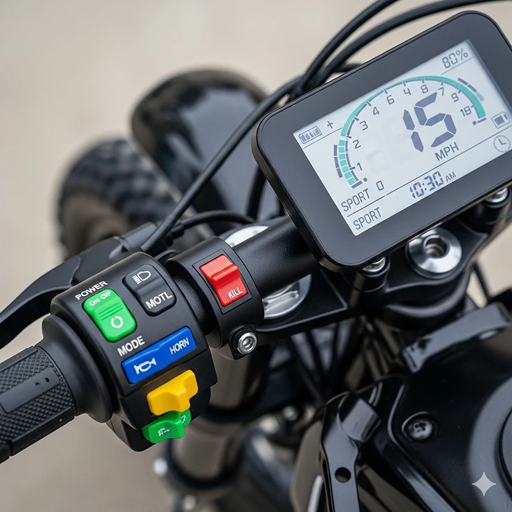 Detailed close-up of the digital display, handlebar controls, and twist throttle on a youth electric dirt bike, highlighting its modern features.