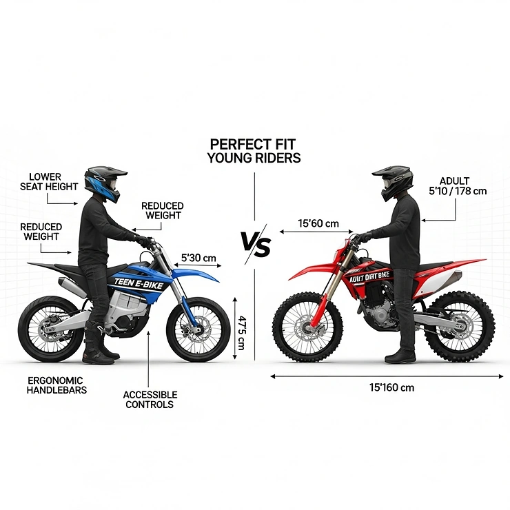 Infographic comparing the size of an electric dirt bike designed for teens with a standard adult dirt bike, highlighting the perfect fit and ergonomics for young riders.