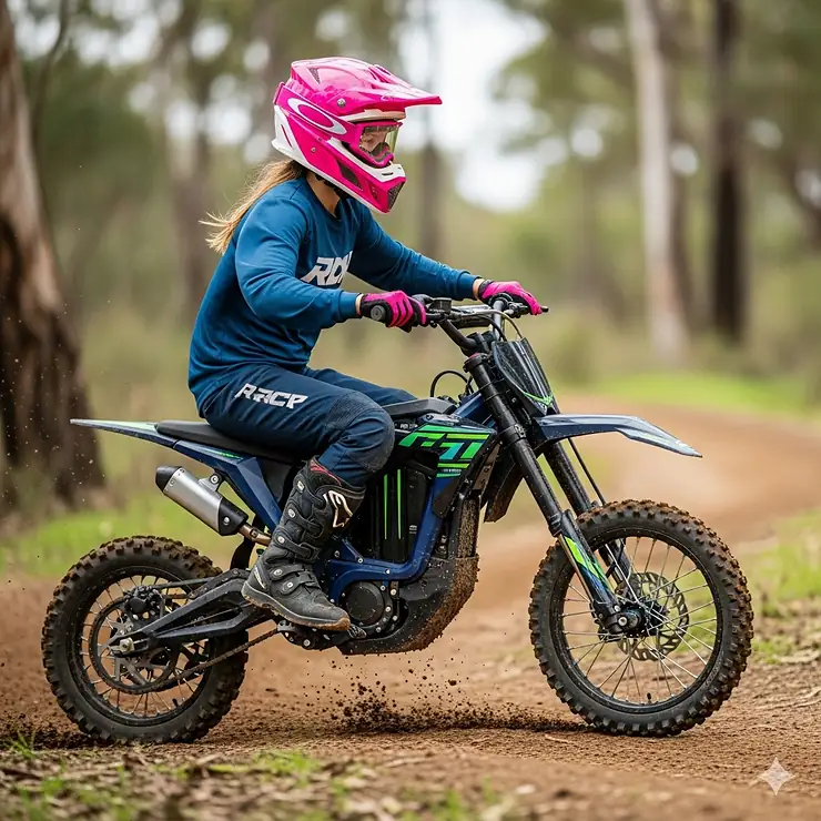 Side view of a 13-year-old girl on a small electric dirt bike navigating a slightly muddy off-road trail, highlighting its suspension.