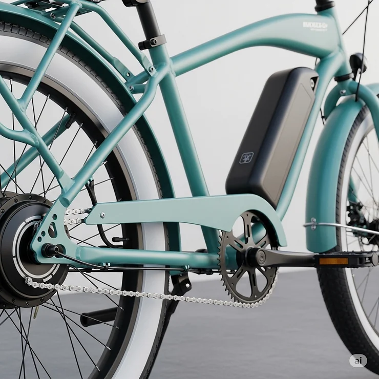 Close-up view of the integrated electric motor and battery on a stylish beach cruiser electric bike, highlighting its power system.