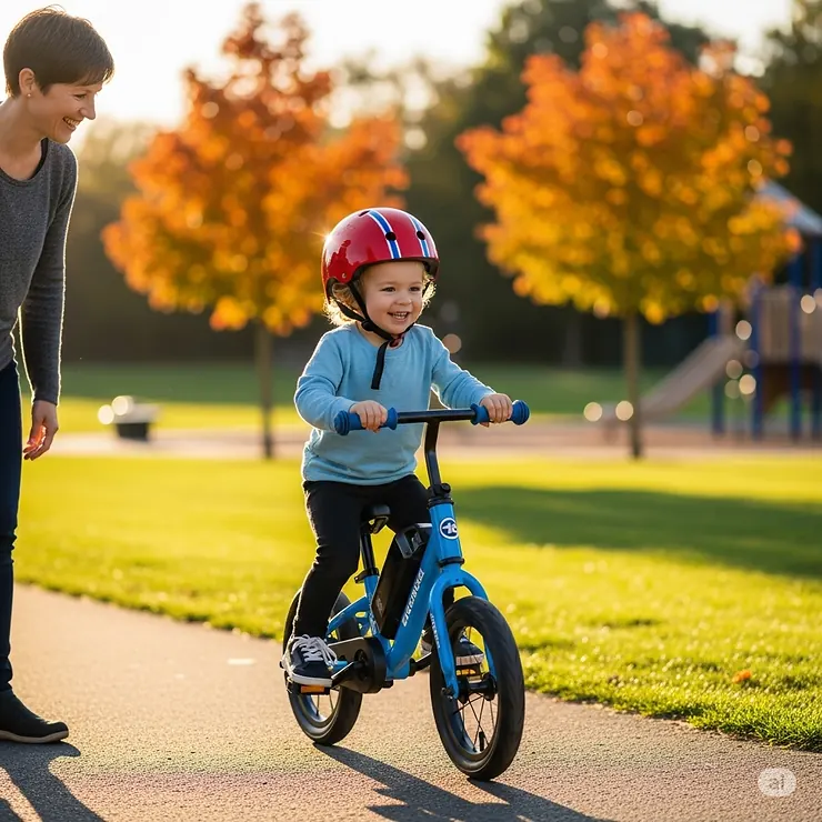 A happy three-year-old child wearing a helmet and riding an electric strider bike for kids 3-5 in a park, with a parent smiling nearby.