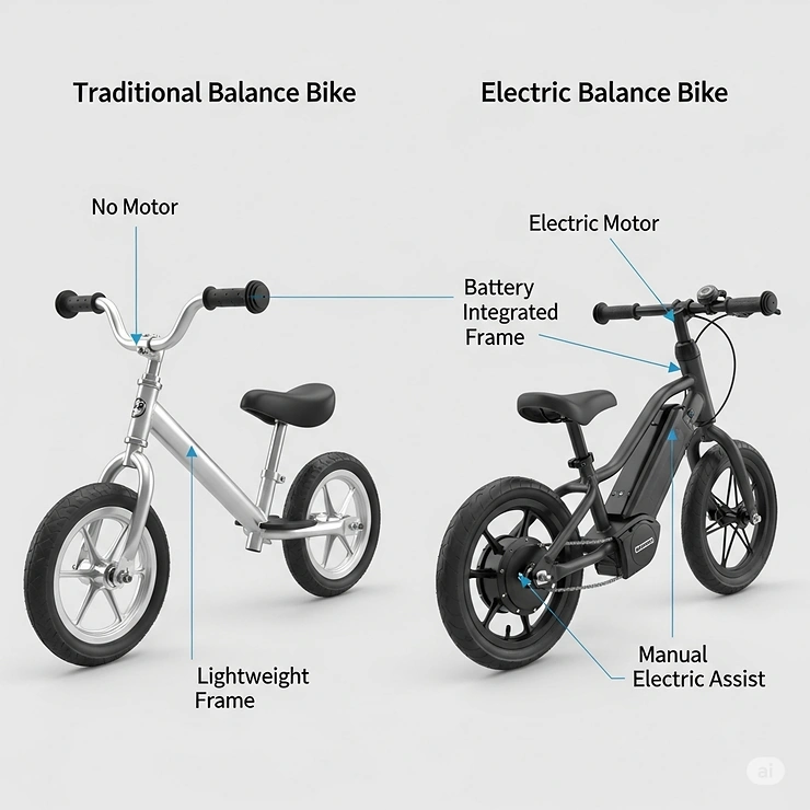 A side-by-side comparison of a traditional balance bike and an electric one, highlighting the key differences in design and function.