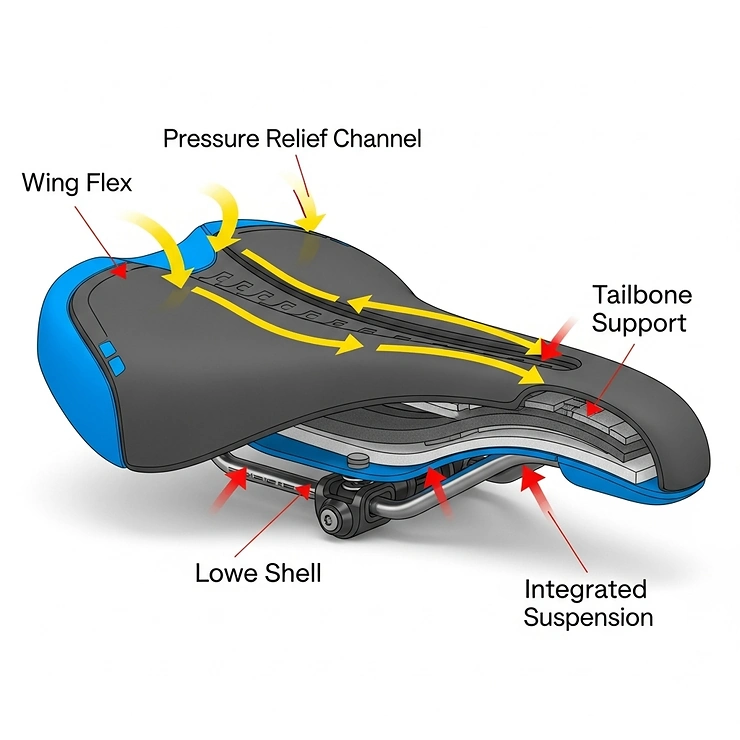 Diagram illustrating the ergonomic design features of a mountain bike seat, emphasizing pressure relief and rider support for comfort.