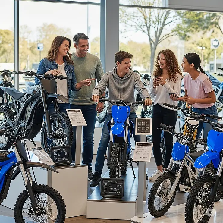 A family, including a teenager, happily Browse various models of electric dirt bikes, suggesting the popularity and appeal of these bikes as a family activity or gift for teens.