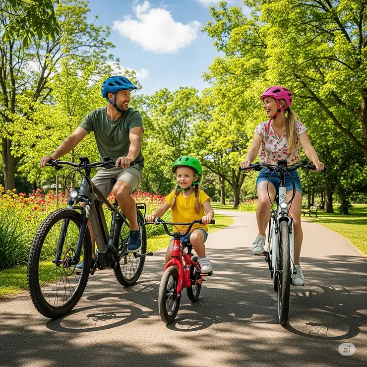 A family enjoying an outdoor adventure, with a young boy on his e-bike for kids, following his parents on their electric bikes.