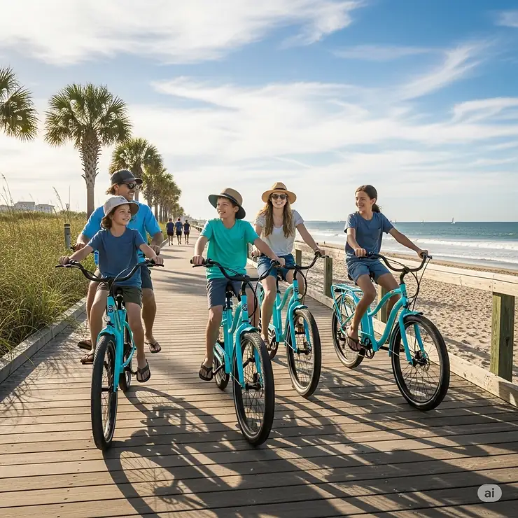 A family riding a fleet of beach cruiser electric bikes together along a sunny boardwalk, enjoying an active day.