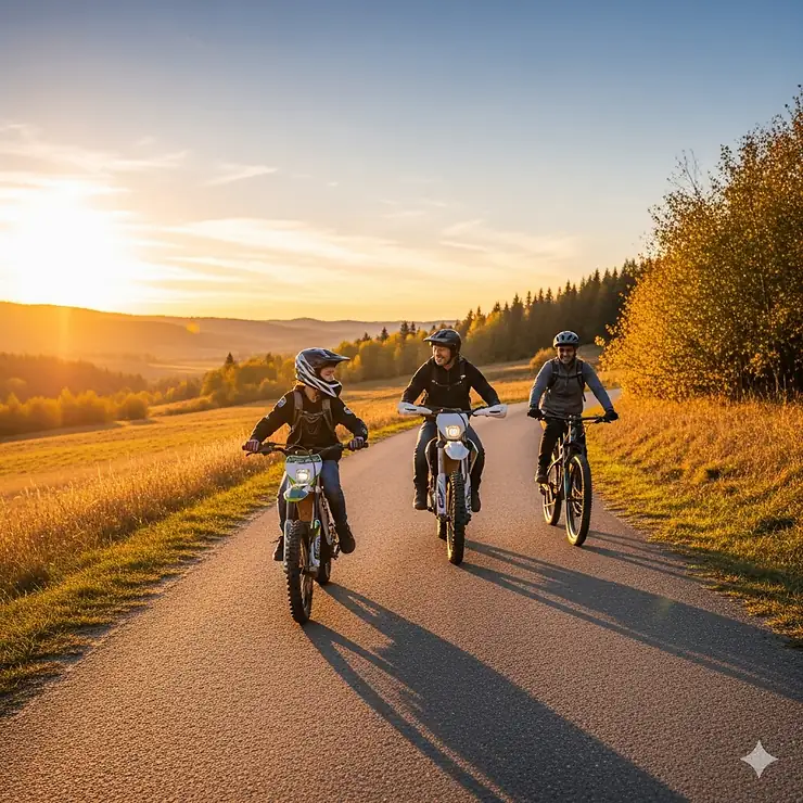 A family riding together on a wide, open trail, with a 13-year-old riding their electric dirt bike alongside a parent, promoting the family-friendly aspect of the sport.
