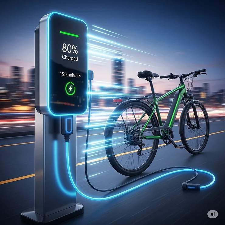 Dynamic illustration of a fast charger for electric bicycles, conveying speed and efficiency in recharging.