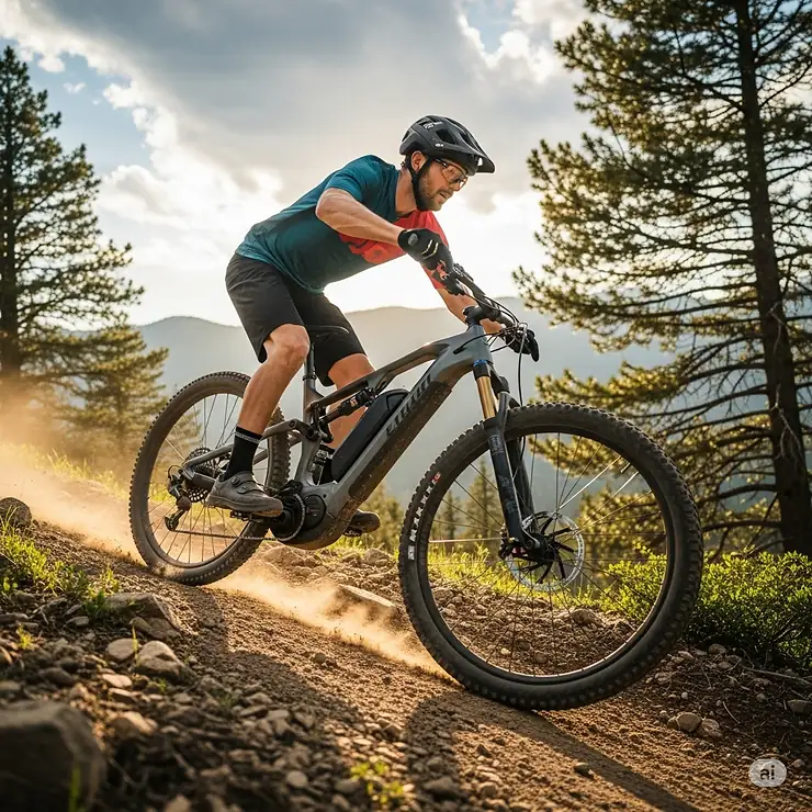 A rider on a rugged trail enjoying the smooth ride of a full suspension electric mountain bike, showcasing its advanced suspension system and integrated battery.
