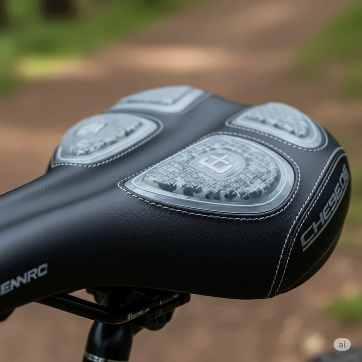 Close-up view of a gel-padded mountain bike seat, highlighting its cushioning for improved comfort.