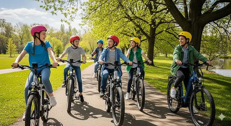 A group of kids aged 10-12 riding their electric bikes together on a paved path, showcasing the social and fun aspect of the activity.