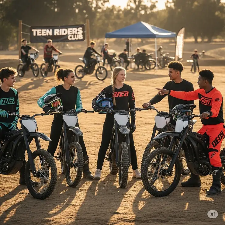 A diverse group of teenagers proudly standing with their electric dirt bikes, showcasing the social and community aspect of riding for teens.