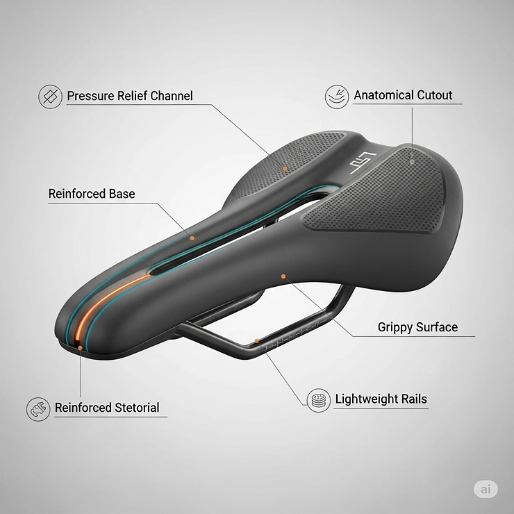 Graphic detailing advanced features found in high-performance mountain bike seats, including pressure relief channels and anatomical cutouts for enhanced comfort and reduced numbness.