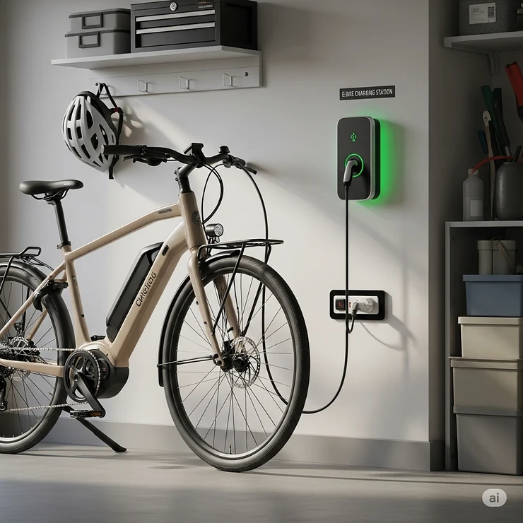 Illustration showing an electric bicycle being charged safely at home, demonstrating a typical setup in a garage or designated area.