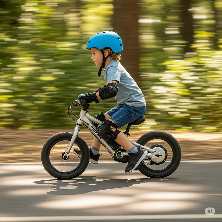 A side-profile view of a child expertly maneuvering an electric balance bike on a paved trail.
