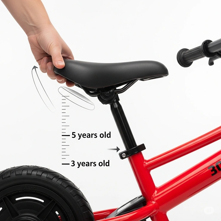 Showing the adjustable seat on a kids' electric balance bike, demonstrating how it can be lowered or raised to fit children from three to five years old.