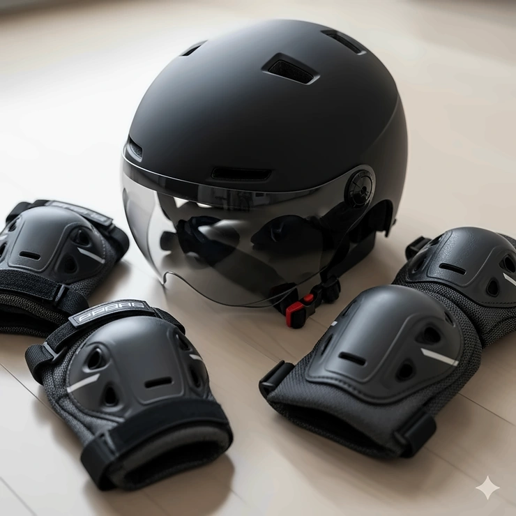 A close-up shot of safety gear for riding an electric bike, including a helmet, elbow pads, and knee pads, laid out on a clean, wooden floor.