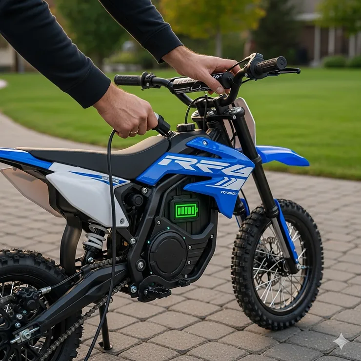 An electric dirt bike for kids being charged by an adult, showing the charging port and the battery indicator light.