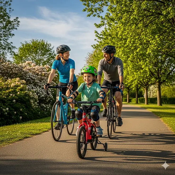 A young child on an electric bike for a 5-year-old, safely riding alongside their parents who are also on bikes, enjoying a family outing.