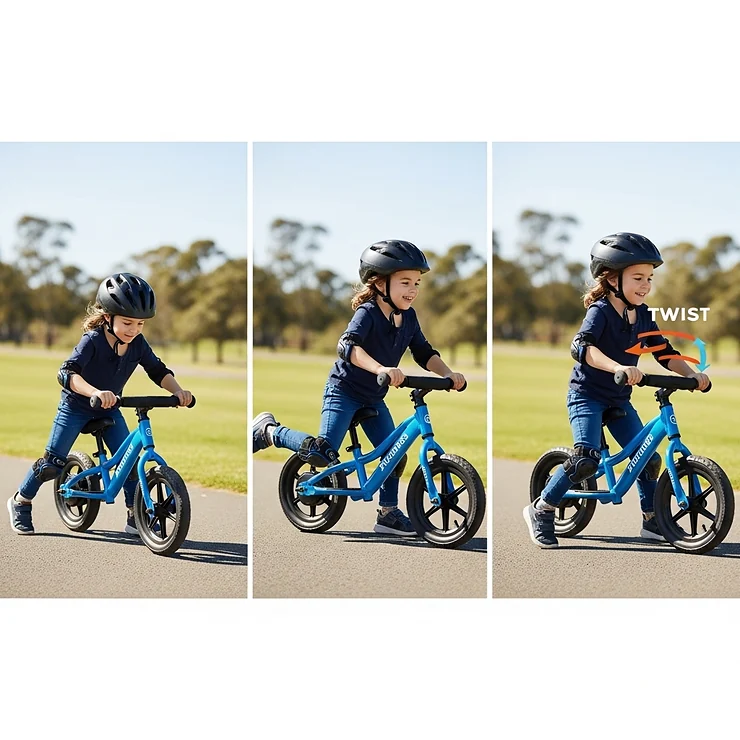 A sequence of images showing a child first pushing with their feet, then gliding, and finally using the throttle on an electric balance bike.