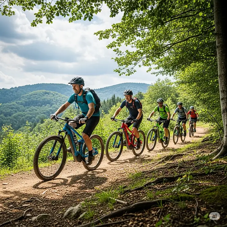 Group of men enjoying an ebike adventure on a scenic trail, highlighting the social and recreational benefits of ebikes for active men.