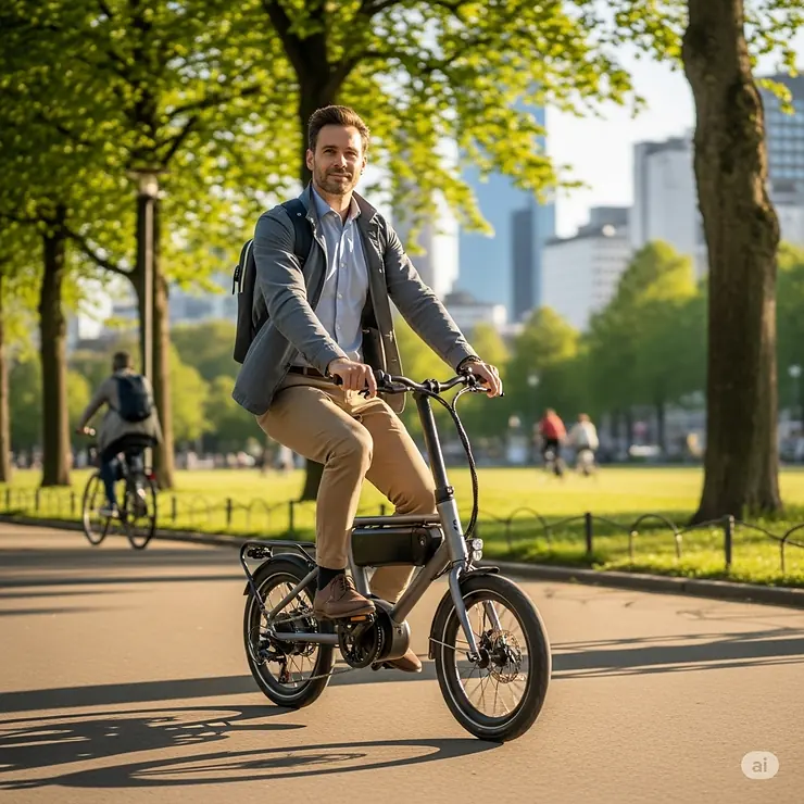 A man in business casual attire effortlessly riding a compact mini e-bike through a city park, highlighting its suitability for adult commuters.