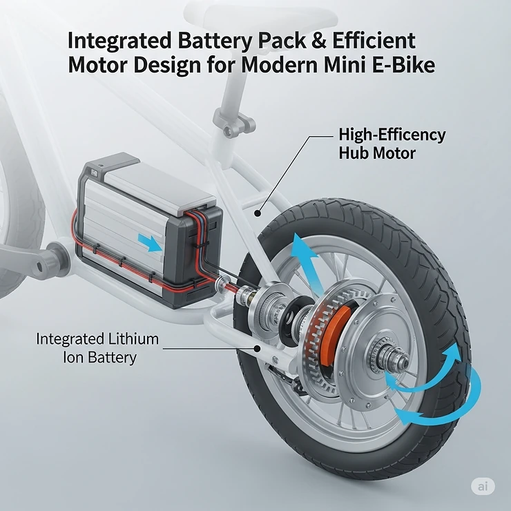 Technical diagram illustrating the integrated battery pack and efficient electric motor of a modern mini e-bike, designed for optimal performance.