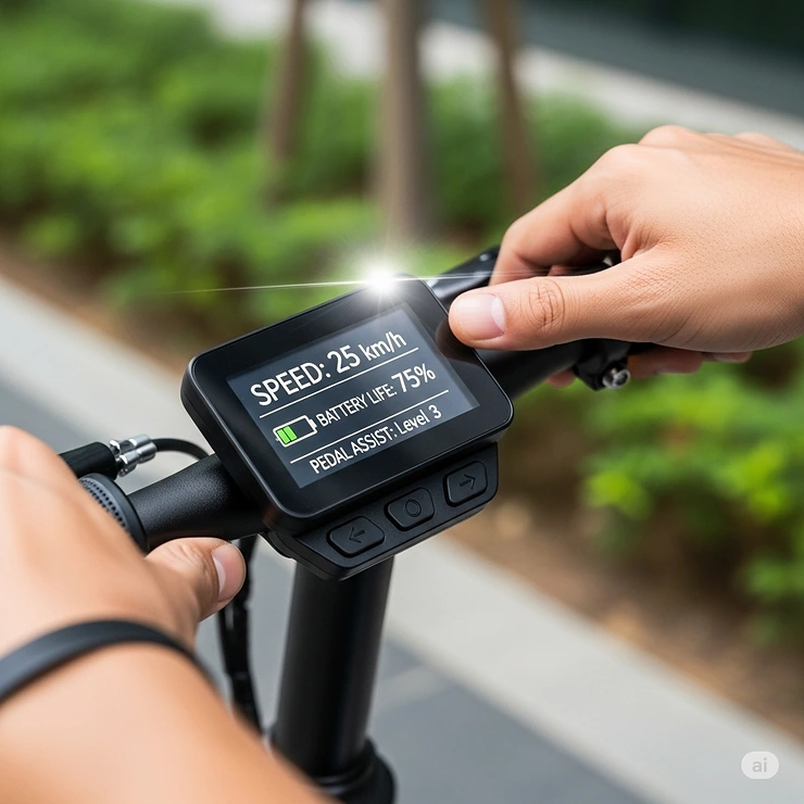 Close-up of a rider adjusting settings on the digital display of a mini e-bike, showing speed, battery life, and pedal assist levels.