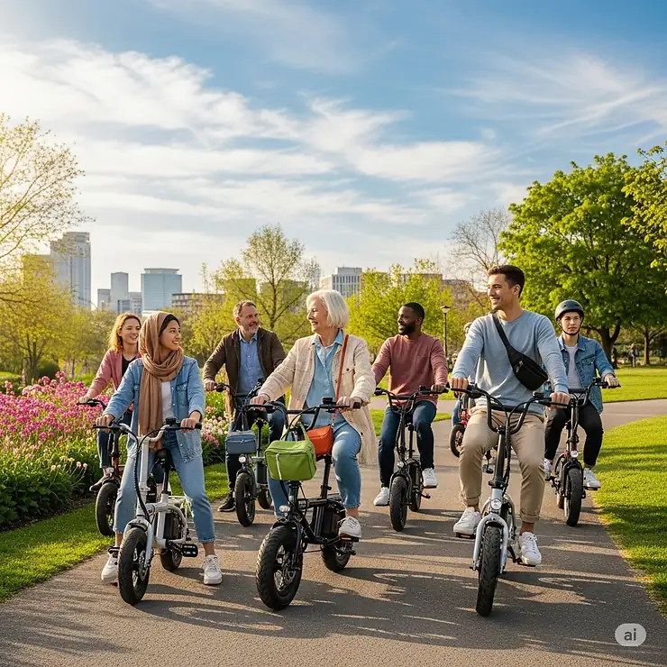 A diverse group of people of various ages and backgrounds enjoying leisurely rides on their mini e-bikes, showcasing their broad appeal.