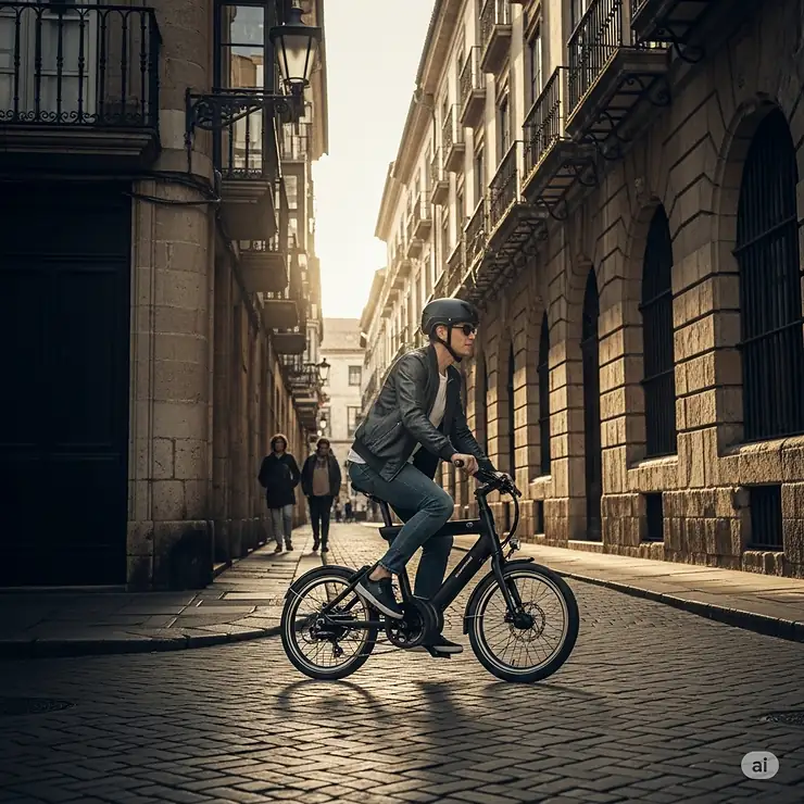 An adult rider navigating narrow city streets on a sleek mini e-bike, showcasing its agility and versatility for urban exploration.