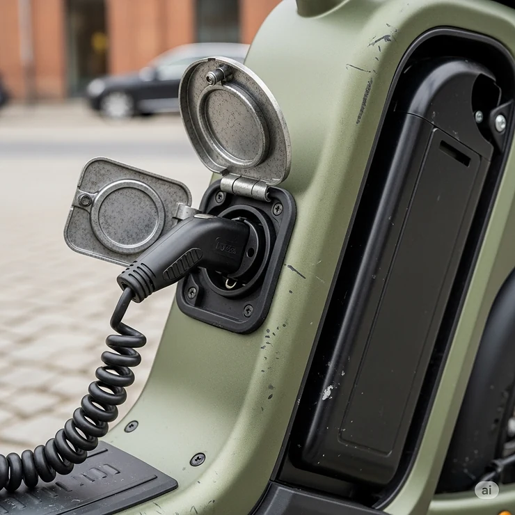 Close-up view of the convenient charging port on a moped style ebike, for easy battery recharging.