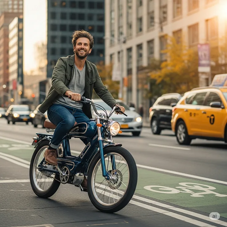 A happy rider effortlessly commuting through a city street on a stylish moped style ebike, enjoying the ride.