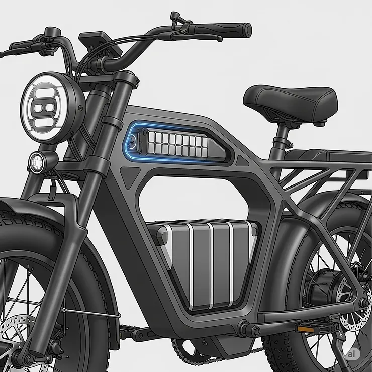 Illustration showcasing the discreetly integrated battery pack within the frame of a modern moped style ebike.