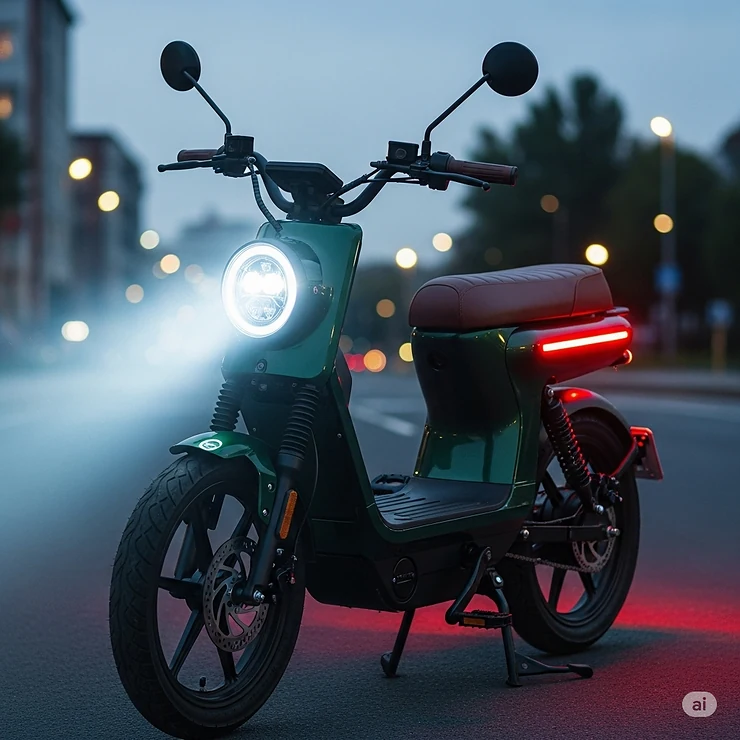 Bright LED headlight and integrated taillight design on a moped style ebike, enhancing visibility and safety.