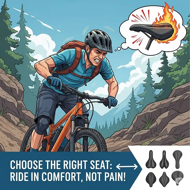Illustration depicting a mountain biker experiencing discomfort, emphasizing the importance of choosing the right mountain bike seat to avoid pain on long rides.