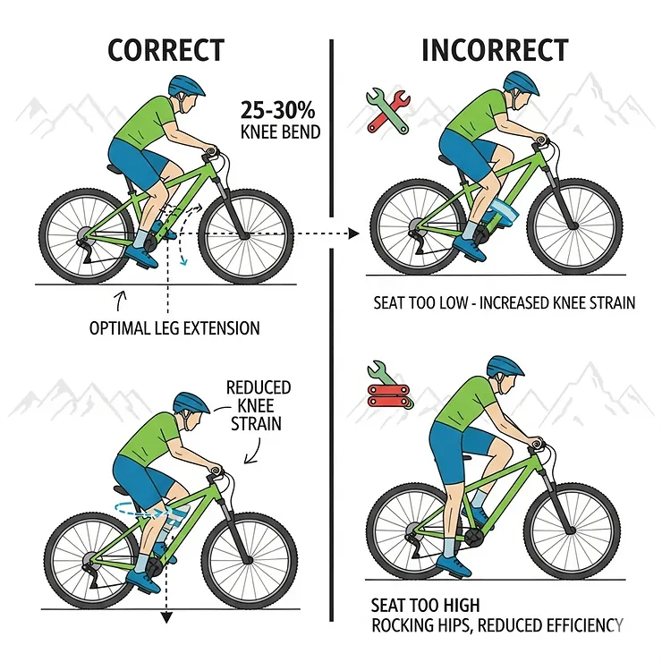 Infographic demonstrating the correct method for adjusting mountain bike seat height to achieve optimal pedaling efficiency and reduce knee strain.