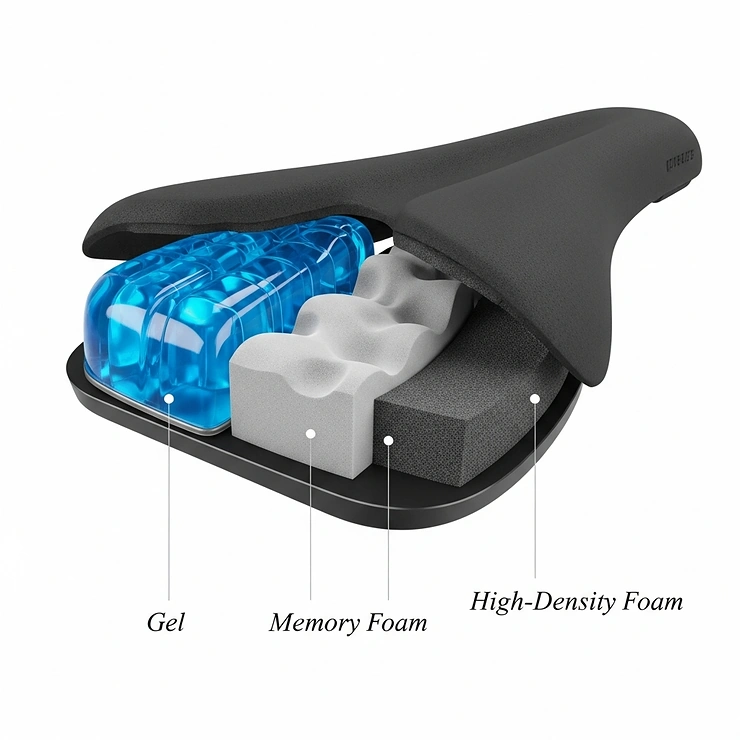 Cutaway illustration revealing various padding materials used in mountain bike seats, such as gel, memory foam, and high-density foam, for improved comfort.
