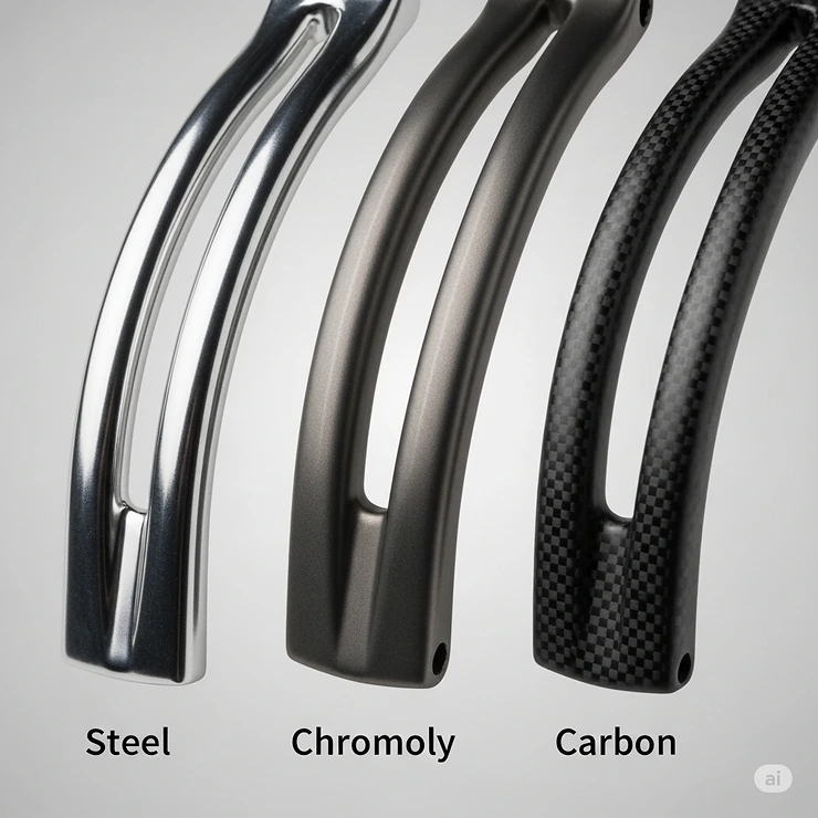 Detailed illustration showcasing various mountain bike seat rail materials like steel, chromoly, and carbon, highlighting their impact on weight and durability.