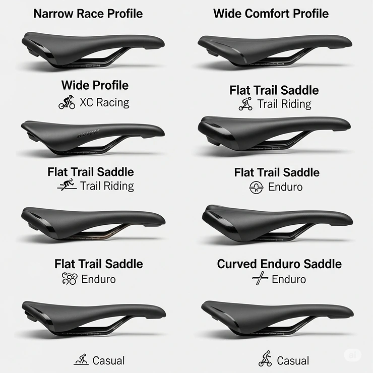 Visual comparison of various mountain bike seat shapes, highlighting differences between wide and narrow, or flat and curved profiles for different riding styles.