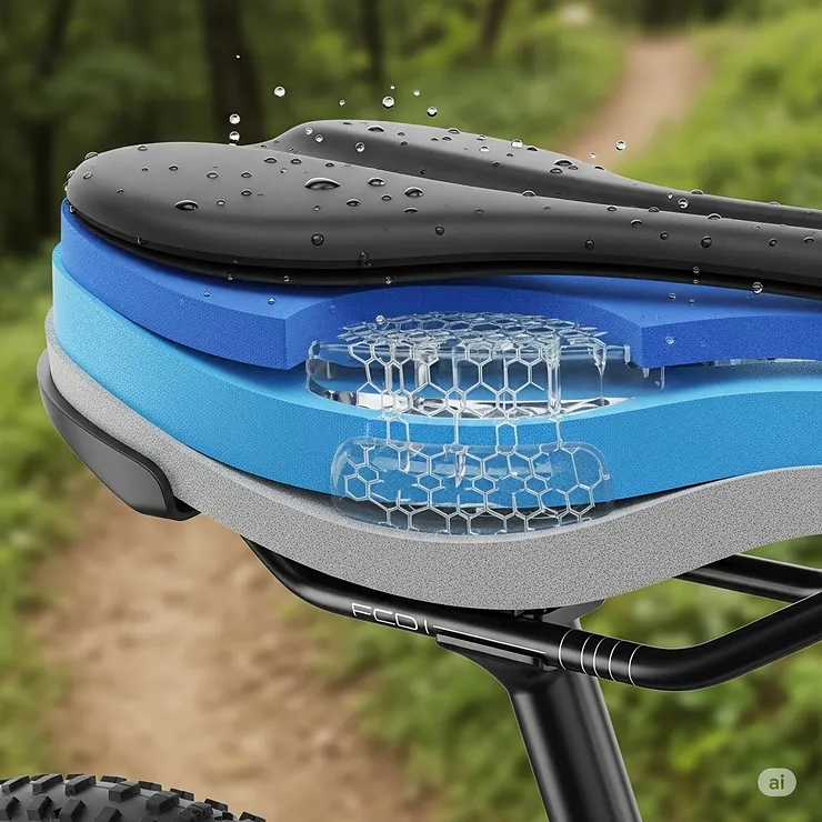 Visual representation of various materials like memory foam and gel used to create a comfortable mountain bike seat.