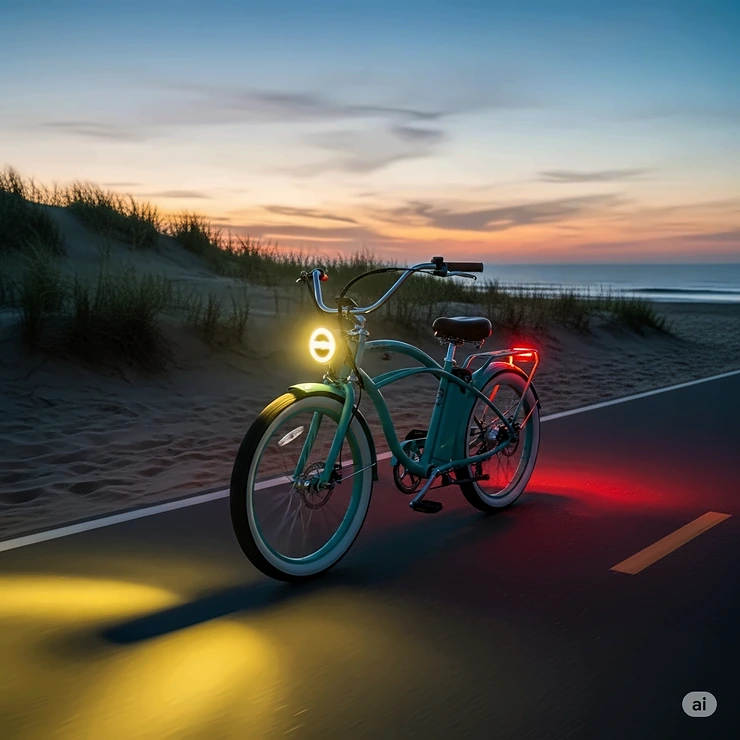 A beach cruiser electric bike with its integrated lights illuminating a path during a peaceful evening ride by the coast.