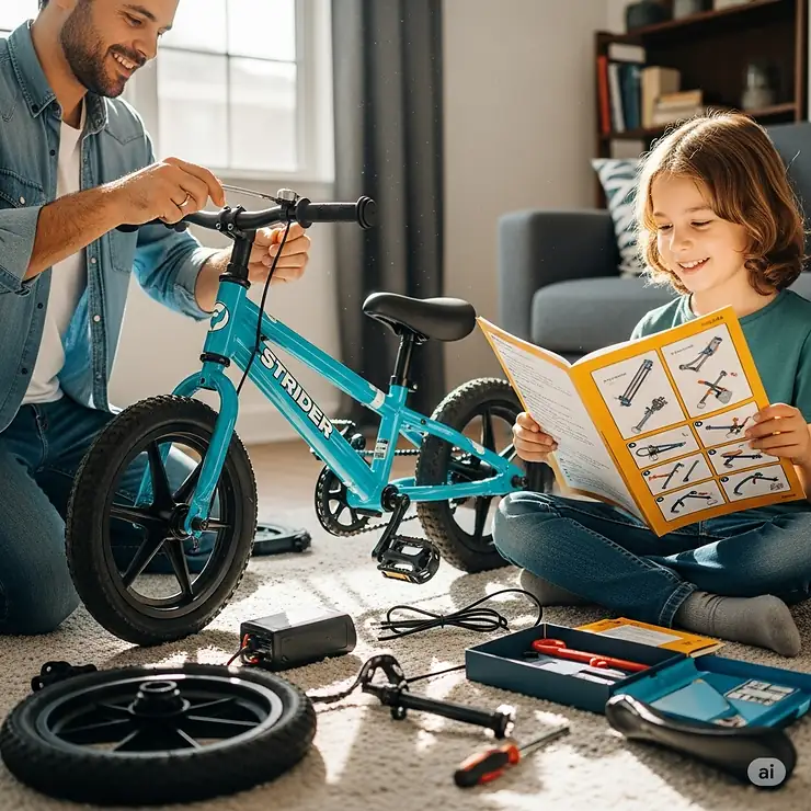 A parent and their child assembling an electric strider bike for the first time, illustrating the simple and straightforward assembly process.