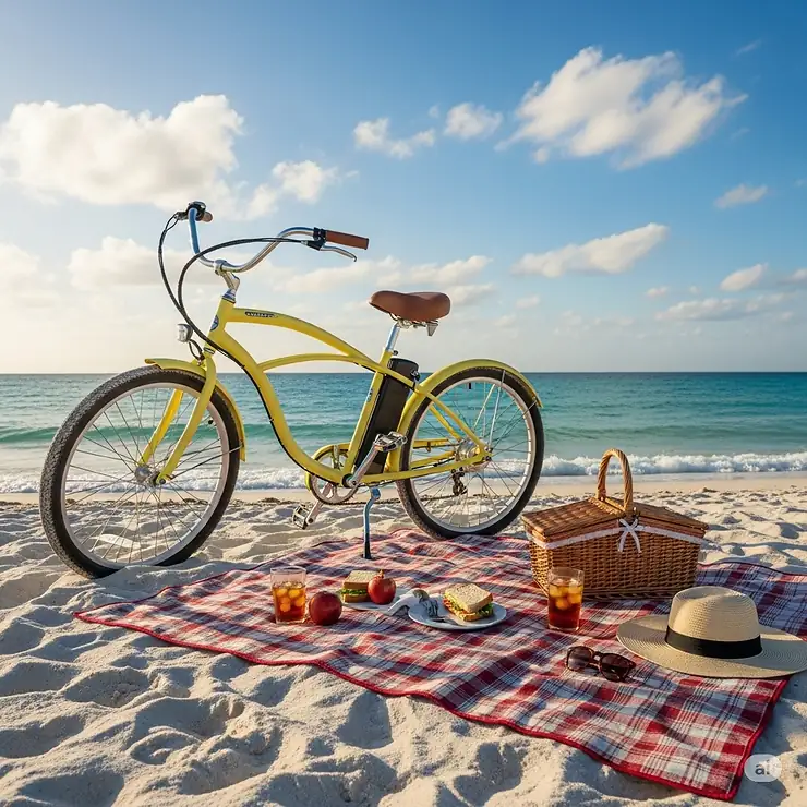 A beach cruiser electric bike resting beside a picnic blanket on a pristine sandy beach, suggesting a relaxed seaside lifestyle.