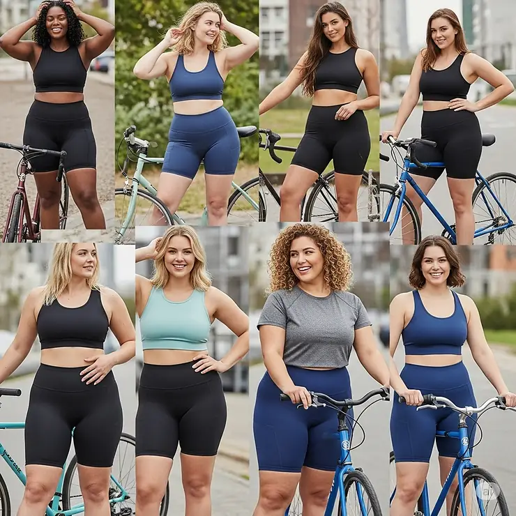 A diverse model wearing supportive and comfortable plus-size bike shorts, highlighting a range of sizes.